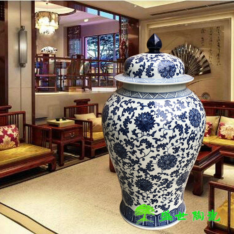 景德镇陶瓷器青花瓷缠枝莲龙纹将军罐 中式客厅装饰摆件落地花瓶