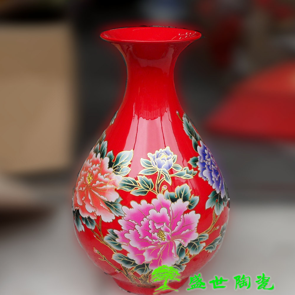景德镇红色玉壶春牡丹台面花瓶