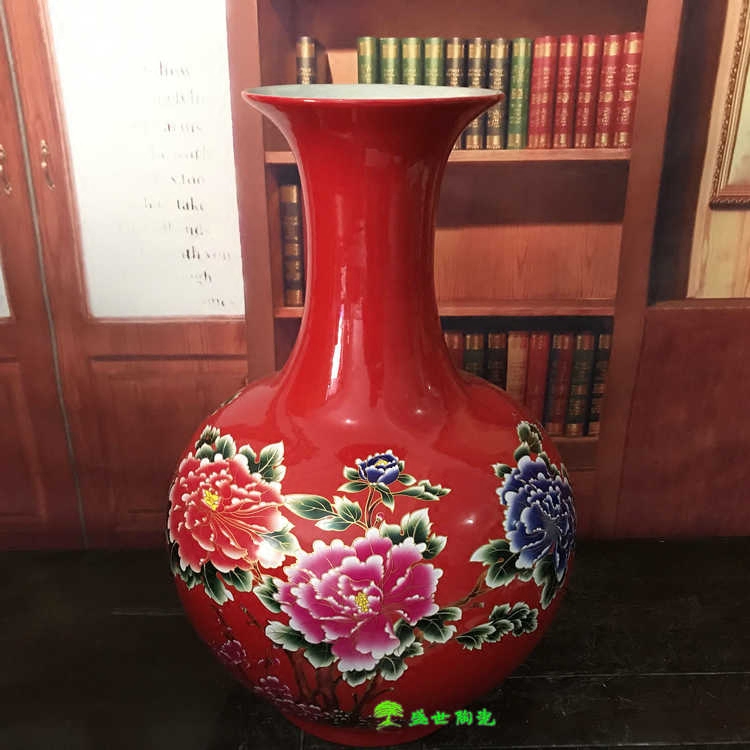 景德镇陶瓷器装饰摆件亮面颜色釉瓷 红色牡丹赏瓶 客厅落地花瓶