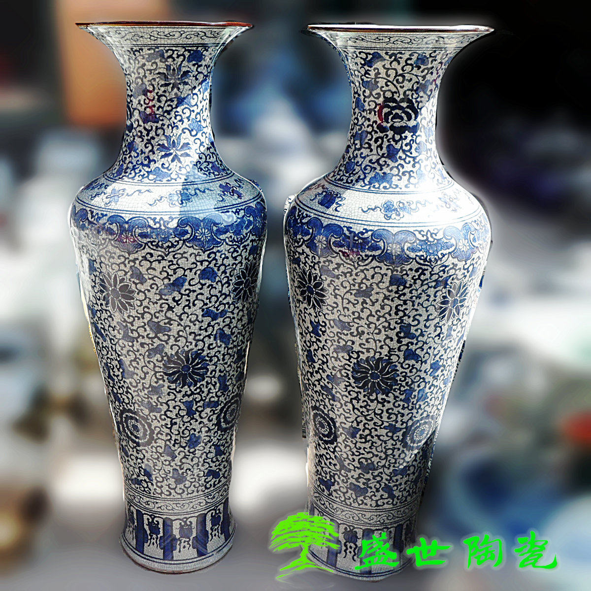 景德镇陶瓷器落地大花瓶 纯手工 特大花瓶 青花裂纹釉 1.3米