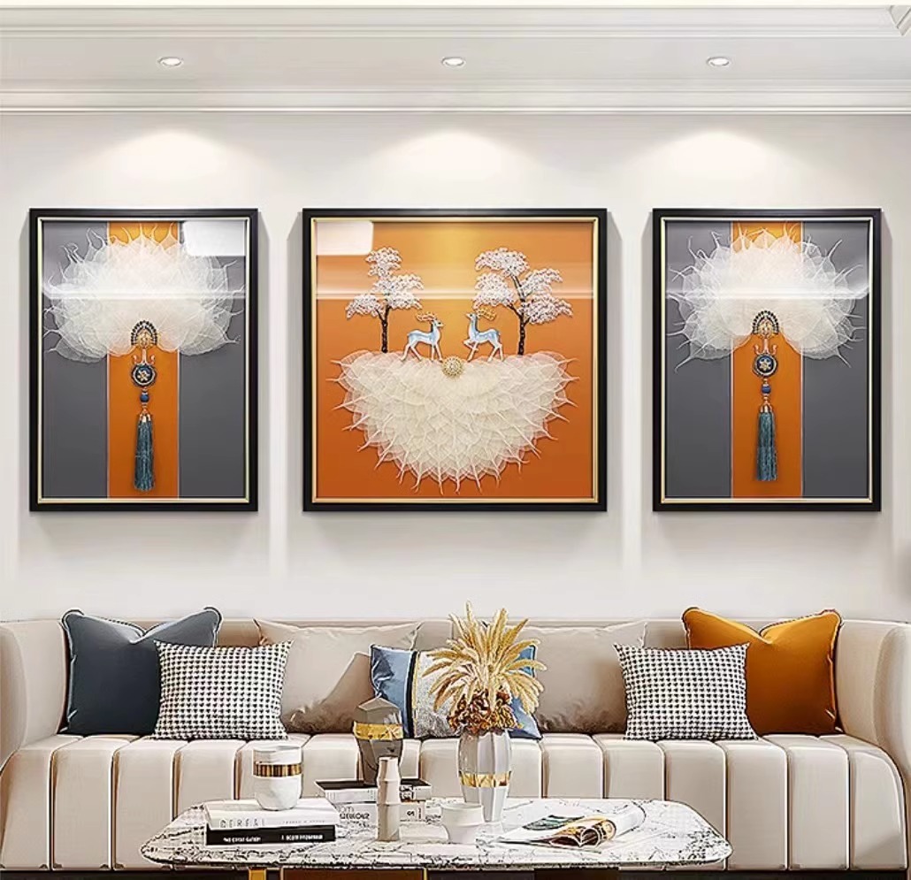 处鱼座客厅装饰画现代轻奢沙发背景墙挂画三联实物立体手工菩提鹿图片