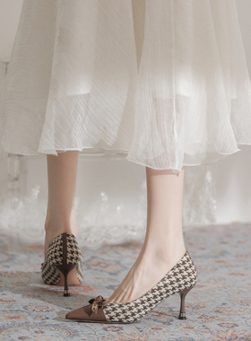 83846单鞋女春夏新款千鸟格时尚气质细跟浅口蝴蝶结7cm高跟鞋