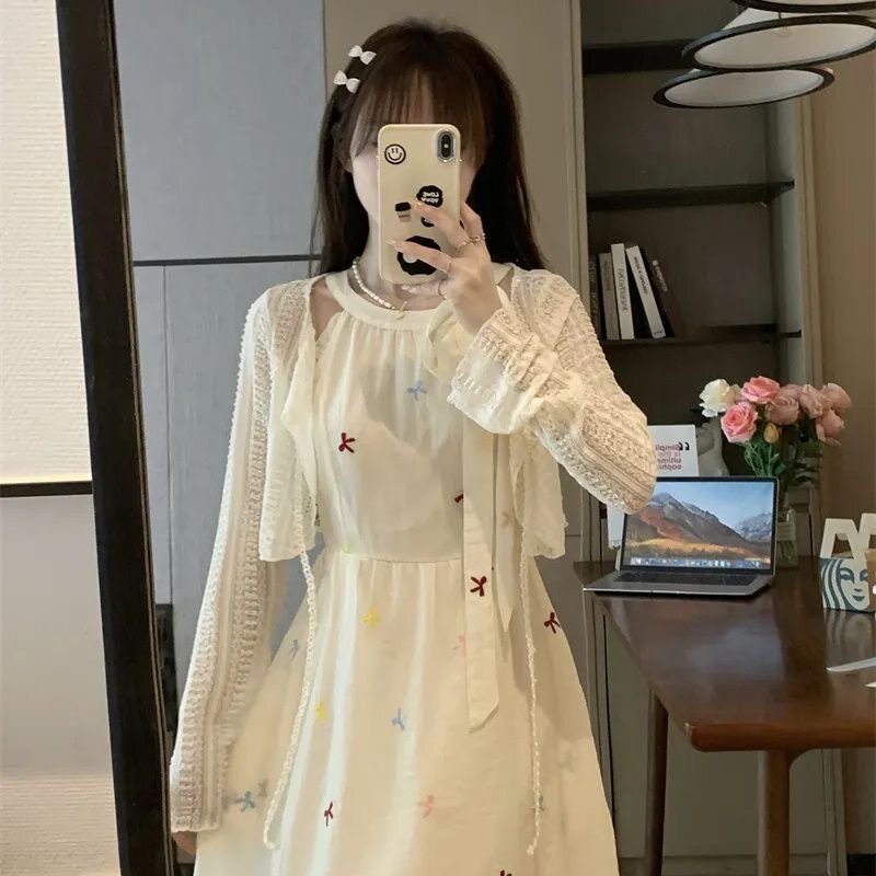 甜美风气质蝴蝶结绑带学院吊带连衣裙女超仙收腰显瘦清冷感长裙子