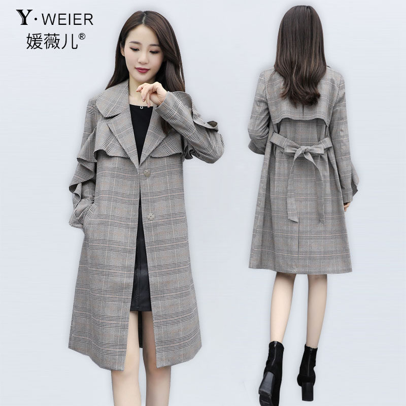 长款风衣女过膝2019流行工装秋季大衣英伦风格子荷叶边气质外套潮在类目 女装/女士精品, 风衣中 - 来自Buy2taobao.com提供专业的淘宝代购服务