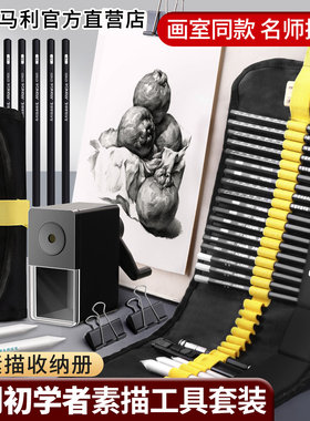 马利牌素描铅笔工具套装初学者入门全套绘画学生炭笔美术生专用素描笔2b4b6b素描专业玛丽8b3b5b速写笔帘美术