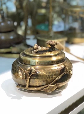 印度进口复古黄铜咖啡豆罐立体雕花茶叶罐干糖果储物轻奢装饰摆件