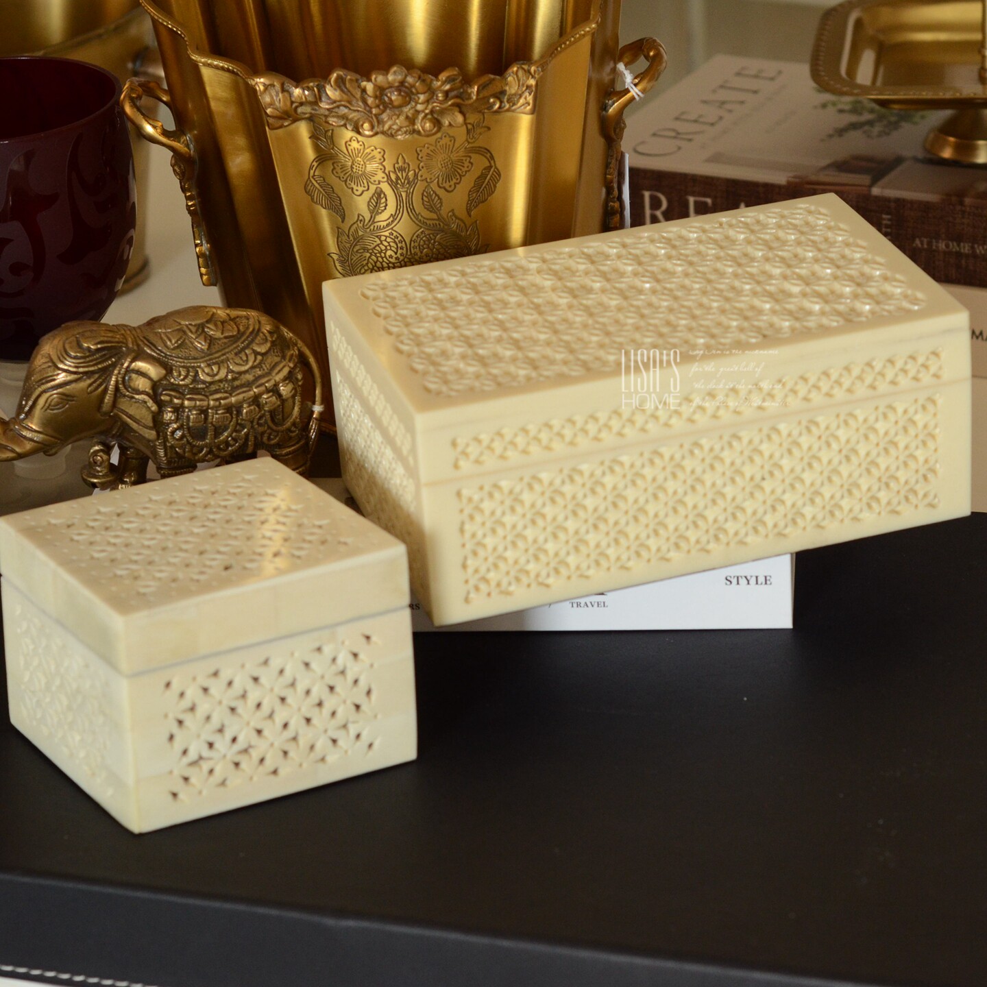 印度进口复古雕花别墅样板间桌面装饰摆件 剧组道具牛骨粉首饰盒