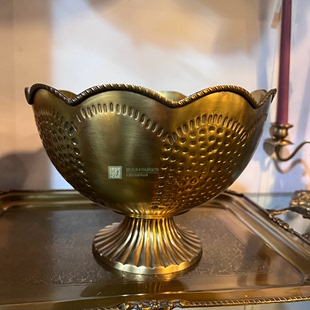 印度轻奢黄铜手工手锤纹深口果盘高脚餐桌欧美法式 复古客厅摆件