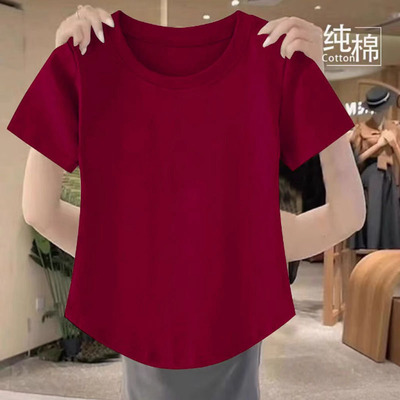 纯色t恤女正肩短袖夏季纯棉不规则弧形下摆宽松显瘦红色女士上衣