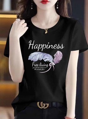 纯棉t恤女正肩显瘦短袖夏季新款黑色印花体恤衫中老年妈妈上衣