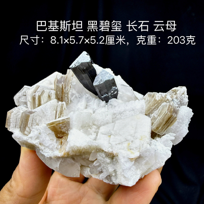 巴基斯坦水晶黑碧玺长石云母天然矿物晶体矿石标本摆件教学观赏