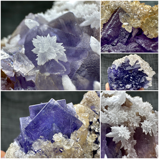 薰衣草萤石紫蓝色闪亮花状方解石天然矿物晶体矿石标本摆件教学