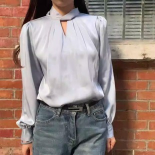 轻奢女通勤职业气质设计感小众上衣 法式 灰蓝色缎面系带长袖 衬衫