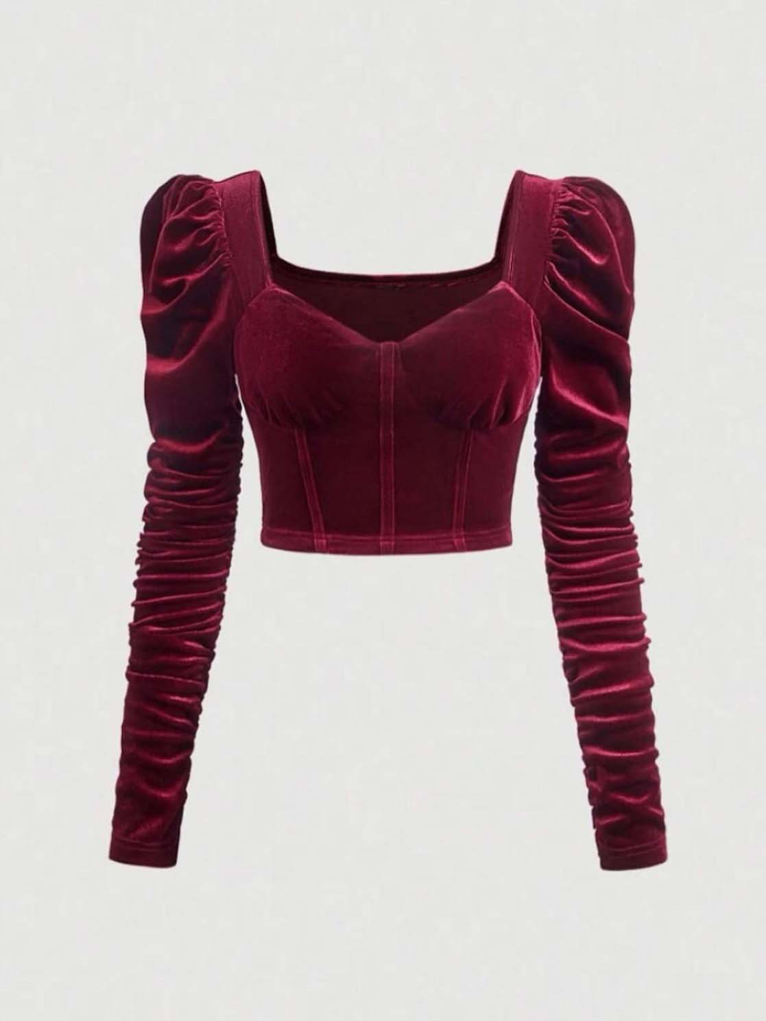 酒红色丝绒长袖短款上衣法式修身