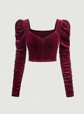 酒红色丝绒长袖短款上衣法式修身设计感小众复古气质套头显瘦ins