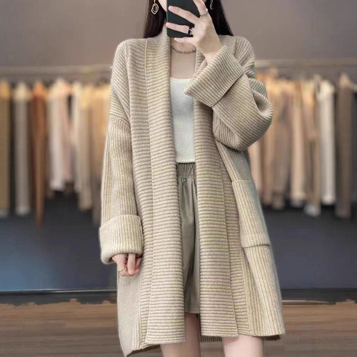 法式翻领中长款开衫外套