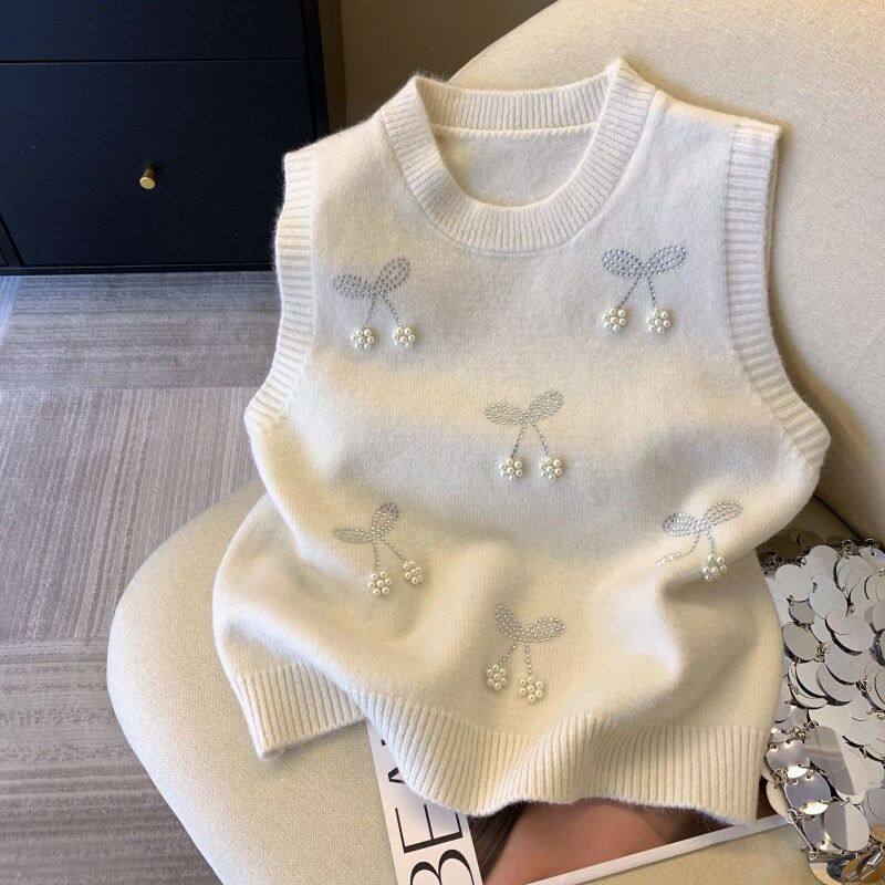 新款重工钉珠针织衫马甲大码女士显瘦叠穿毛衣背心上衣马夹外套潮