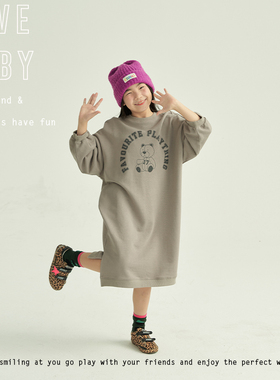 LBQ原创童装   中性时髦灰色宽松印花卫衣裙
