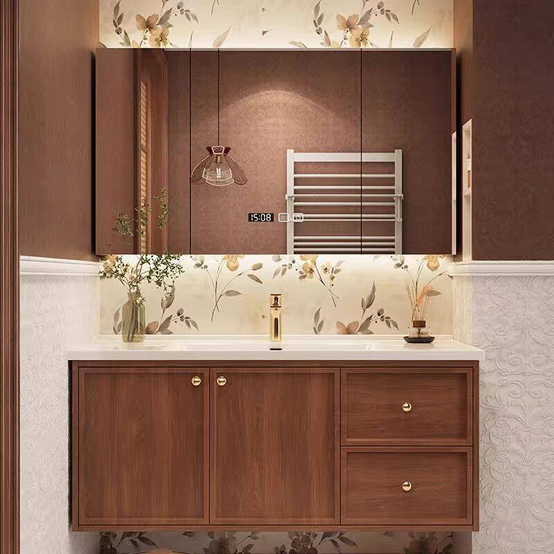 法式中古风浴室柜组合卫生间洗手陶瓷一体台盆红橡木纹扫地机器人