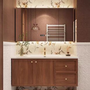 法式中古风浴室柜组合卫生间洗手陶瓷一体台盆红橡木纹扫地机器人