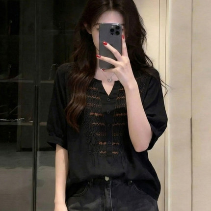 韩版休闲V领刺绣衬衫女夏季大码胖妹妹简约气质百搭宽松遮肉上衣