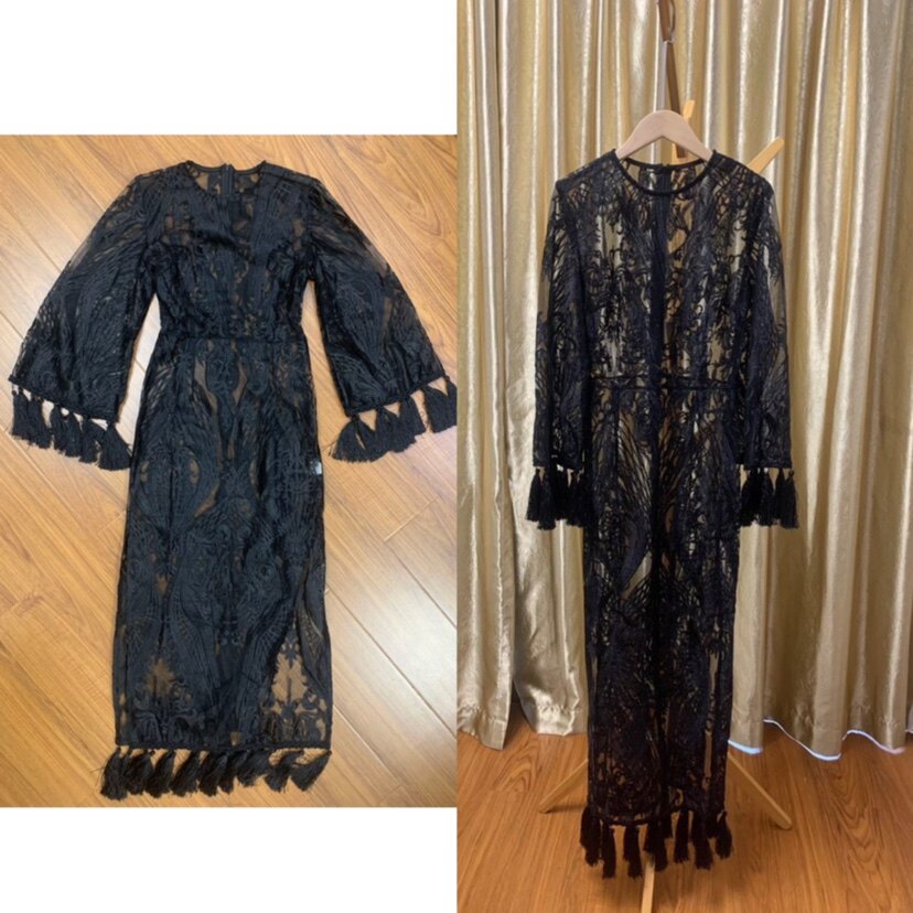 外单SH*黑色机织流苏高档礼服 XS