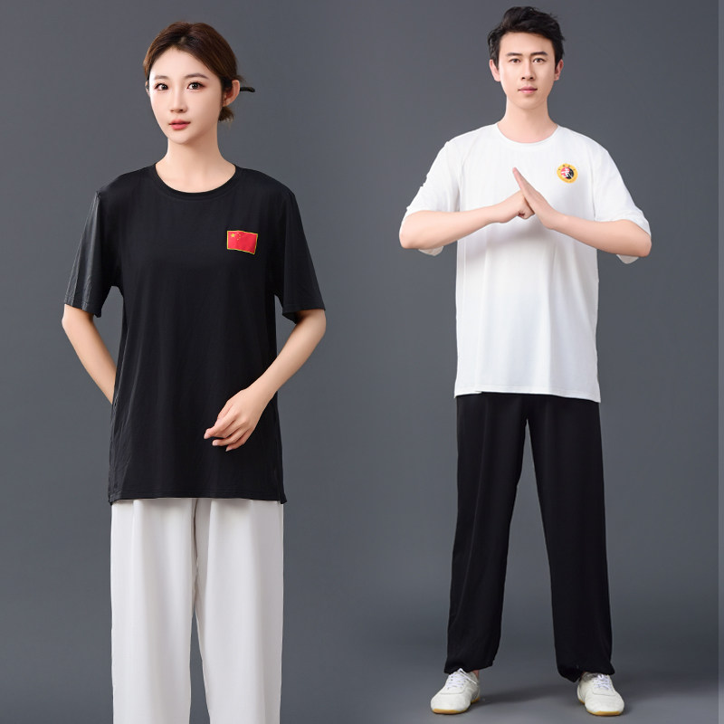 夏季新款太极拳短袖t恤运动表演晨练太极服站桩男女牛奶丝速干