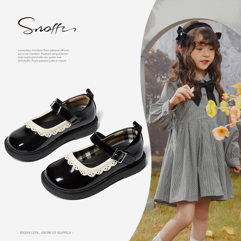斯纳菲女童皮鞋黑色软底公主鞋