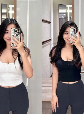 新款亨利瑜伽背心女带bra修身运动内衣高弹罗纹针织纽扣打底衫