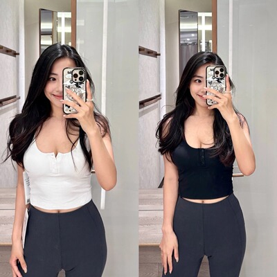 新款亨利瑜伽背心女带bra修身运动内衣高弹罗纹针织纽扣打底衫