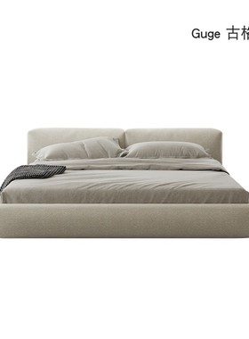 侘寂风现代简约榉木床豆腐块布艺床奶油风白色猫抓布床