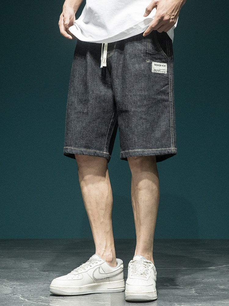 JAPANESE VERSATILE PRIMARY COLOR DENIM SHORTS MENS SUMMER LOOSE PLUS SIZE FAT ELASTIC WAIST PLUS FAT PLUS FIVE-POINT PANTS