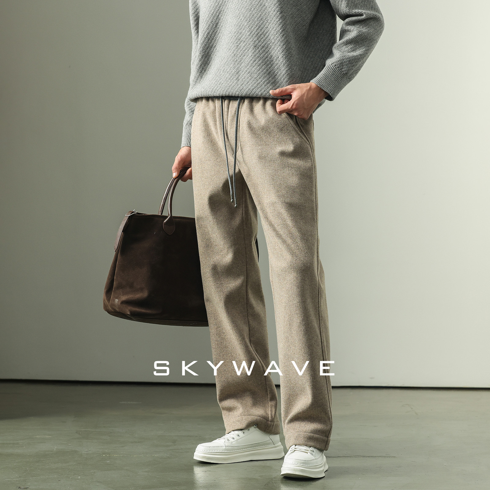 绵羊毛混纺撞色休闲直筒长裤