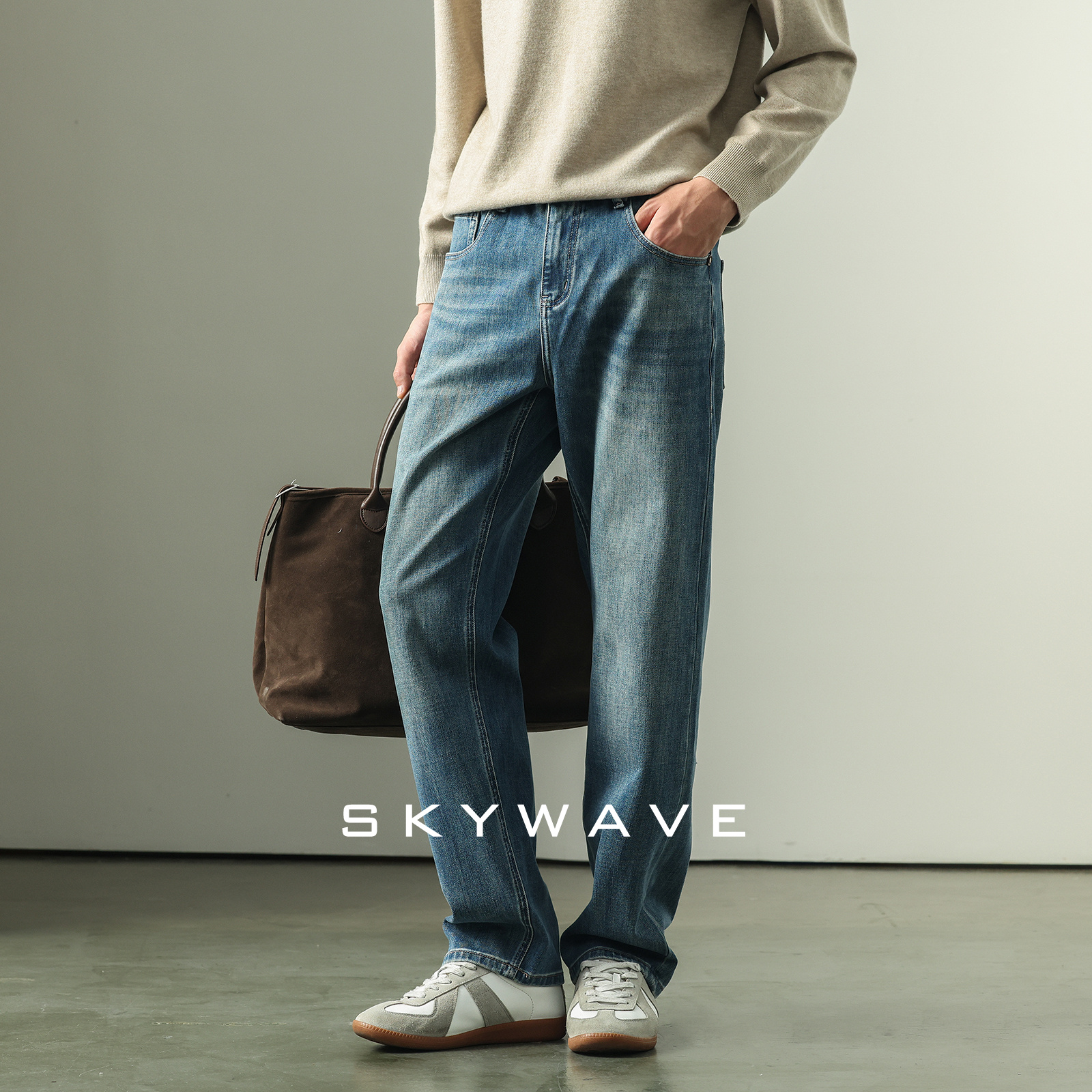 天丝莱赛尔混纺复古水洗牛仔长裤