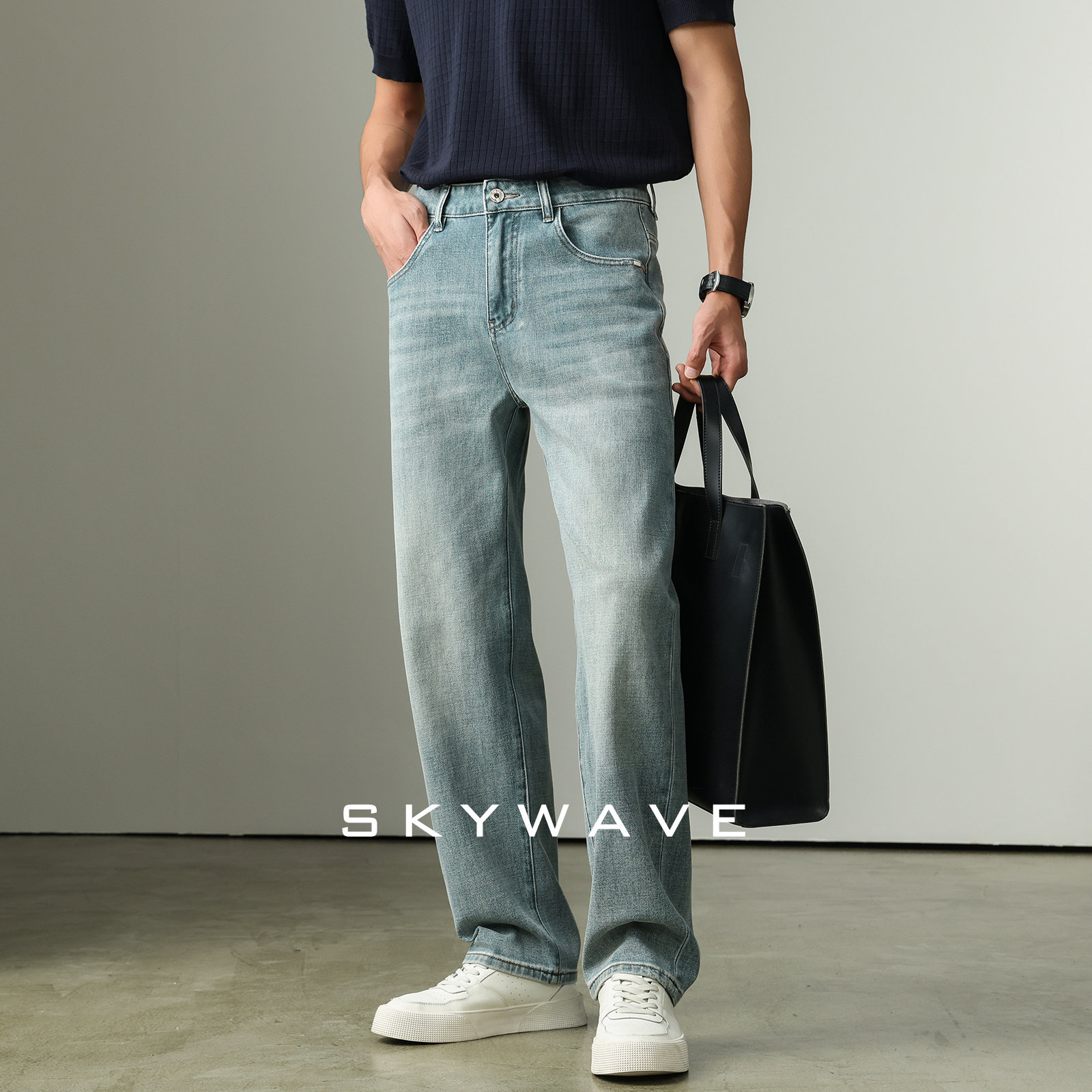 高端舒适四面弹力牛仔裤男2026新款小直筒浅蓝色商务通勤百搭长裤