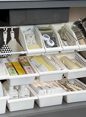 厨房橱柜内分层隔板置物架收纳筐免打孔伸缩杆收纳架子下水槽神器