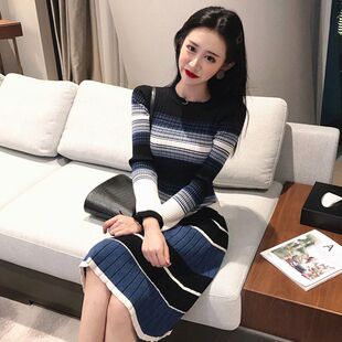 条纹长款 打底a字设计感毛衣裙 针织连衣裙女2022年秋冬配大衣修身