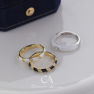 S925纯银镀金黑白珐琅条纹轻奢戒指高级感中古风闭口叠戴钻戒礼物