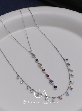 S925纯银锁骨链女生彩虹流苏项链