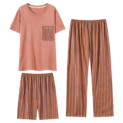 男士100%纯棉短袖三件套睡衣