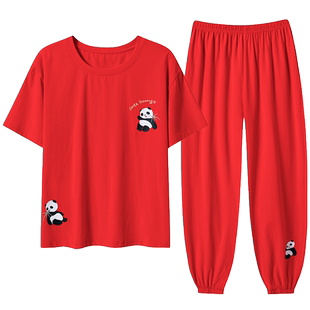 2025新款睡衣女士夏季纯棉短袖长裤薄款蛇年红色本命年家居服套装