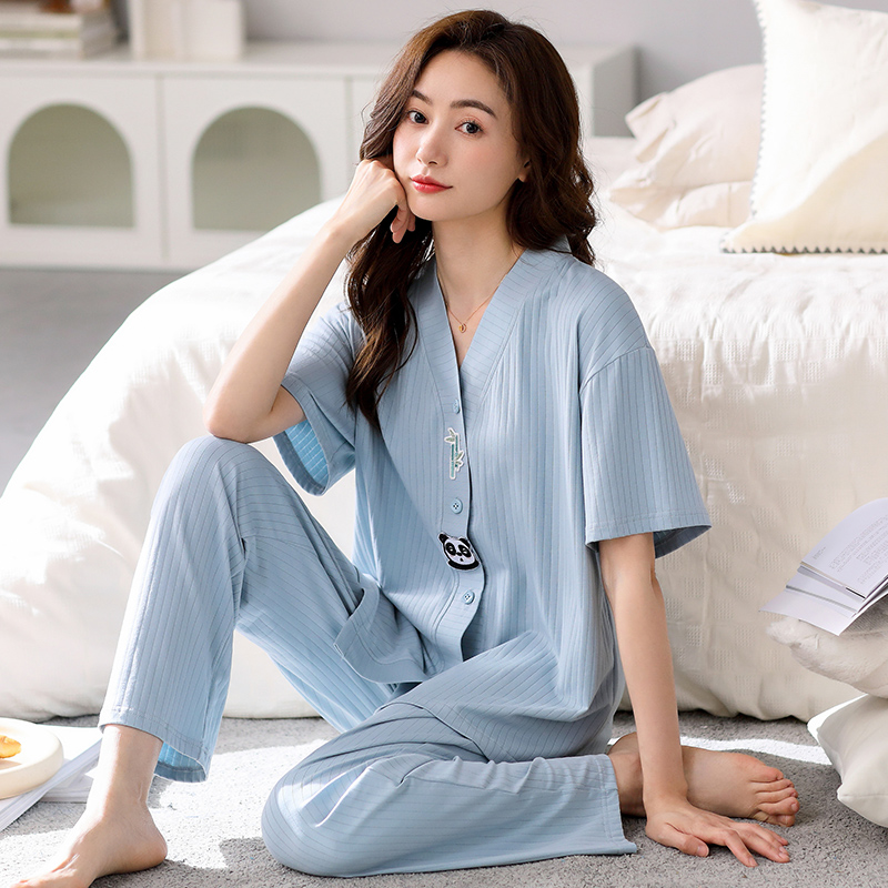 女士莫代尔薄款短袖长裤和服睡衣