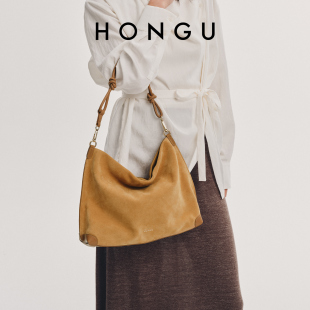 红谷真皮托特包通勤单肩包极简风反绒皮女包H5157120