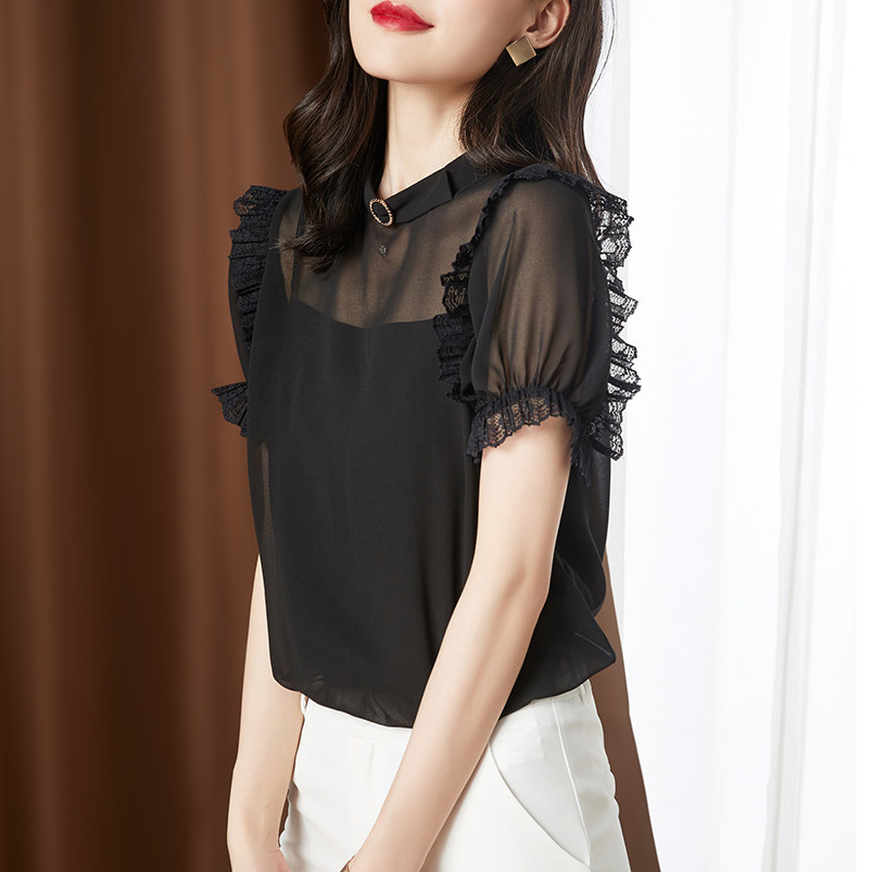 透视雪纺衫女短袖2020夏季新款宽松气质黑色蕾丝网纱上衣洋气小衫