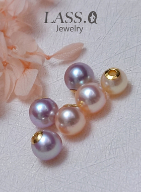 天然彩色真珍珠淡紫色香槟金akoya正圆极光灯泡耳堵前后耳塞18K金