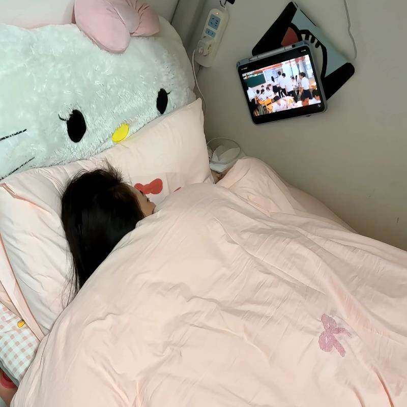 简约风少女粉色拼蝴蝶结毛巾绣水洗棉四件套床单人宿舍被套三件套