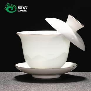 羊脂玉白瓷三才盖碗茶杯大号陶瓷茶具家用薄胎骨瓷茶碗盖子单卖