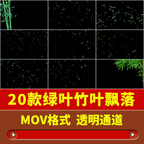 唯美春季绿色树叶竹叶飘落散开动画alpha带透明通道AE/PR视频素材
