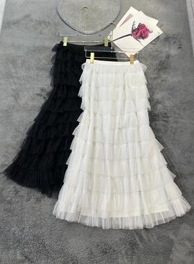 2026年夏季新款法式网纱蛋糕裙松紧腰荷叶边半身裙气质显瘦中长裙