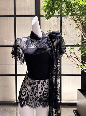 2026年夏季新款法式浪漫风黑色蕾丝连衣裙女飘带高级感小众短裙